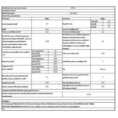 Regal Cmı 90102 9 kg 1000 Devir A Enerji Sınıfı Çamaşır Makinesi